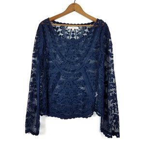 Rewind Sheer Lace Navy Top, Long Sleeves, M